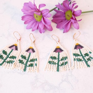 Purple Coneflower Indigenous Beaded Earrings 3" long