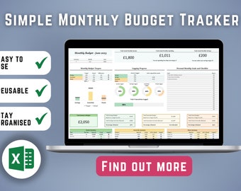 Simple Monthly Budget Spreadsheet for Excel | Financial Planner | Clear Budget Template | Expenses Tracker