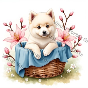 10+ Rettungs-Welpe in einem Korb Adoption Clipart, Kawaii gesunde Hunde, printable Kunst JPGs PaperCraft Junk Journal, Postkarten-Bilder, Geschenk-Ideen