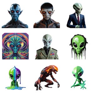Op de afbeelding: Een verzameling van negen alien-illustraties in verschillende stijlen. De aliens worden afgebeeld in verschillende poses en uitdrukkingen, sommige dragen kleding en andere lijken abstracter. De illustraties zijn kleurrijk en fantasierijk en tonen een verscheidenheid aan alien-ontwerpen.