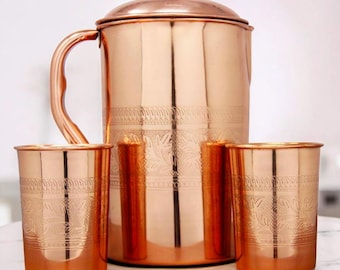 Pure Copper Water Jug and Glass Set | Handmade Hammered Copper Pitcher