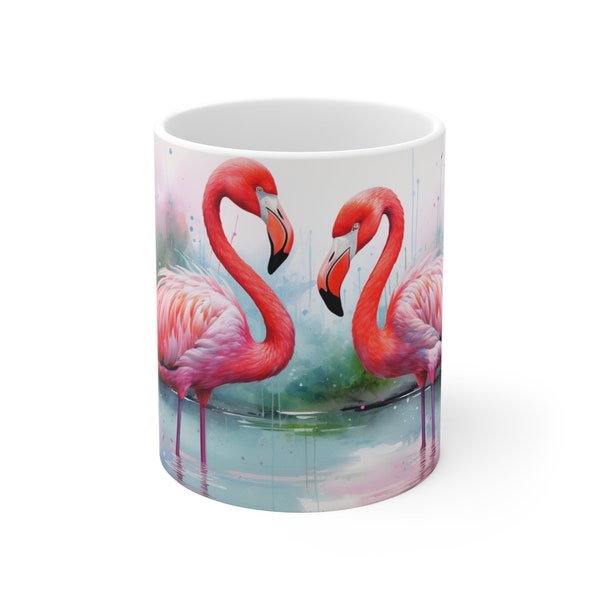 Tasse en céramique Flamingo - fond aquarelle coloré