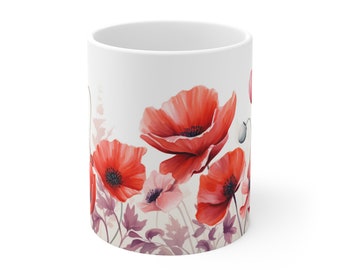 Poppies Watercolour Coffee Mug Tea Cup, Remembrance, Beautiful Gift Idea