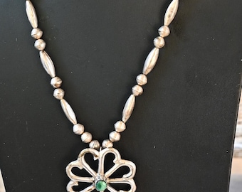 Stunning (ca. 60's) Sand Cast Sterling Silver & Royston Turquoise Navajo 54 handmade bench bead and pendant necklace 40 grams 24 inches