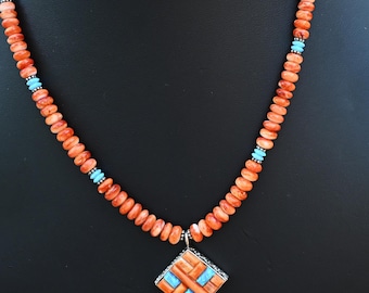Stunning Navajo Tribe Spiny Oyster, Sterling Silver and Opal Necklace by Francis Melvin 36 grams 21" -Unique Design!