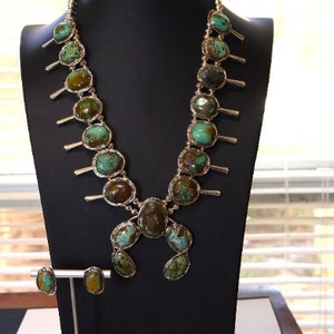 NEW Navajo hallmarked SONORAN GOLD Turquoise & Sterling Squash Blossom Necklace w/ matching earrings 23.5&quot; Incredible turquoise color matrix