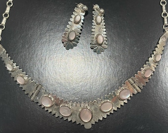 NEW and Stunning Navajo Jewelry Set by Sharon Cisco Sterling Silver & Mother of Pearl Necklace and matching earrings Zuni style 40.25 grams