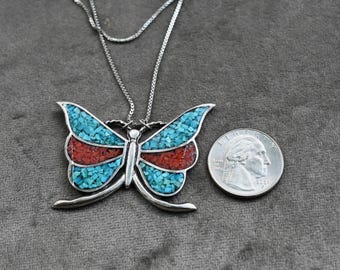 Big (2" X 1 1/2") Navajo Butterfly Pendant 24" necklace Red Coral, Turquoise & Sterling Silver 20 grams