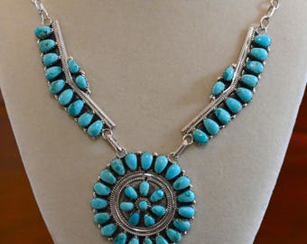 New Navajo Sleeping Beauty Turquoise & Sterling Necklace by Davin Benally 34.3 grams 24 wearable inches Navajo necklace w/ 49 turquoise gems