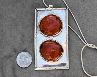 HUGE (4 X 2 inch) Unique Vintage Native American Amber & Sterling Silver Handmade Pendant 92 grams! on 20" sterling chain