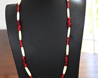 Early To Mid 19th Century Indian Trade Beads Bone & Red Glass weighs 37.6 grams 27" wearable 14 cylindrical beads and red Venetian glass
