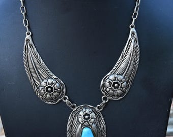 Vintage Substantial (91 grams) Native American Necklace Sterling Silver & and Stunning BLUE GEM Turquoise! 20 inches wearable
