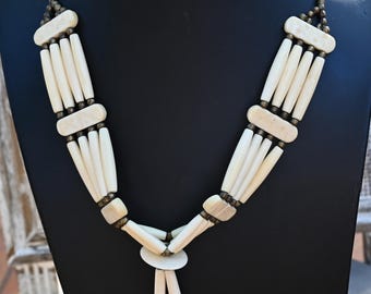 Buffalo Bone 4 Line Choker Beaded Tribal Native American Necklace - Bone hue