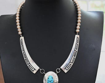 Stunning Navajo Morenci Turquoise & Sterling Necklace by  Mathilda Benally 47 grams 18 1/2" wearable Navajo necklace w/  large turquoise gem