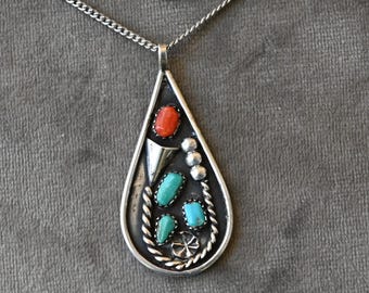 Vintage Navajo Red Coral, Royston Turquoise & Sterling Silver pendant on 24 inch sterling silver chain 11 grams pendant 1 7/8 inches long