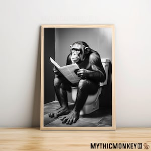 Monkey Sitting on the Toilet Reading a Newspaper, Funny Bathroom Humor, Wall Decor, Funny Animal Print, Home Printables, AI Digital Prints