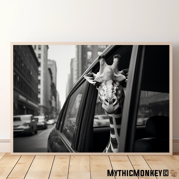 Girafe chevauchant une voiture à New York, Zoo humain, Funny Animal vintage Photo, Retro Giraffe Humour Print, Wall Art, Printables, AI Art