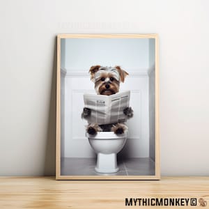 Yorkshire Terrier Sitting on the Toilet Reading a Newspaper, Funny Bathroom Humor, Wall Decor, Funny Print, Home Printable,AI Digital Prints