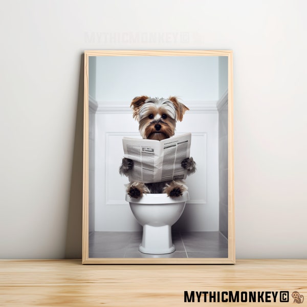 Yorkshire Terrier Sitting on the Toilet Reading a Newspaper, Funny Bathroom Humor, Wall Decor, Funny Print, Home Printable,AI Digital Prints