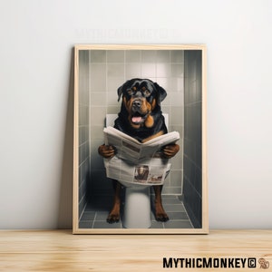 Rottweiler Dog Sitting on the Toilet Reading a Newspaper, Funny Bathroom Humor, Wall Decor, Funny Print, Home Printable,AI Digital Prints