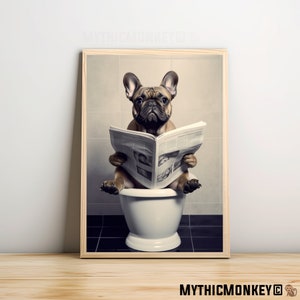 French Bulldog Sitting on the Toilet Reading a Newspaper, Funny Bathroom Humor, Wall Decor, Funny Print, Home Printables, AI Digital Prints