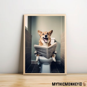 Corgi Dog Sitting on the Toilet Reading a Newspaper, Funny Bathroom Humor, Wall Decor, Funny Print, Home Printable,AI Digital Prints
