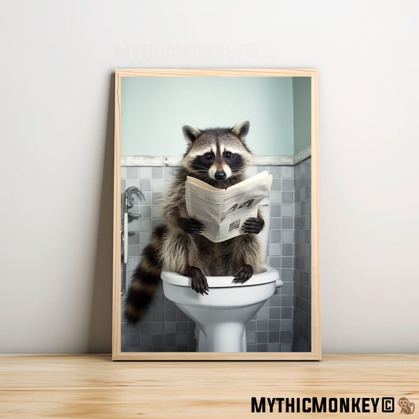 Racoon Sitting on the Toilet Reading a Newspaper, Funny Bathroom Humor, Wall Decor, Funny Animal Print, Home Printables, AI Digital Prints