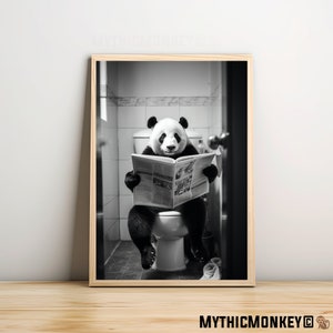 Panda Sitting on the Toilet Reading a Newspaper, Funny Bathroom Humor, Wall Decor, Funny Animal Print, Home Printables, AI Digital Prints