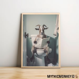 Goat Sitting on the Toilet Reading a Newspaper, Funny Bathroom Humor, Wall Decor, Funny Animal Print, Home Printables, AI Digital Prints