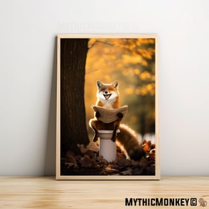 Fox Sitting on the Toilet Reading a Newspaper, Funny Bathroom Humor, Wall Decor, Funny Print, Home Printables, AI Digital Prints