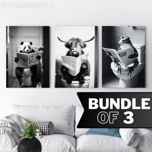 Funny Animals on toilet reading newspaper, Bundle of 3, Funny Bathroom Wall Decor, Animal Humor Prints, Home Printables, AI Created Artwork