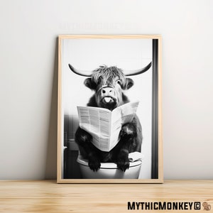 Highland Cow on Toilet Reading a Newspaper, Funny Bathroom Humor, Wall Decor, Funny Animal Print, Home Printables, AI Digital Prints, Gift