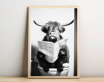 Highland Cow on Toilet Reading a Newspaper, Funny Bathroom Humor, Wall Decor, Funny Animal Print, Home Printables, AI Digital Prints, Gift