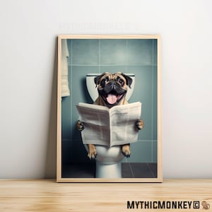 Mops Pug Sitting on the Toilet Reading a Newspaper, Funny Bathroom Humor, Wall Decor, Funny Print, Home Printables, AI Digital Prints