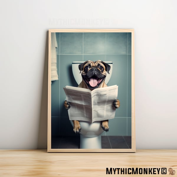 Mops Mops sitzend auf der Toilette und Zeitung lesend, Lustige Badezimmer Humor, Wand Dekor, Lustiger Druck, Home Printables, AI Digitaldrucke