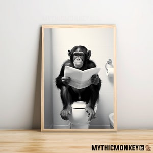 Monkey Sitting on the Toilet Reading a Newspaper, Funny Bathroom Humor, Wall Decor, Funny Animal Print, Home Printables, AI Digital Prints