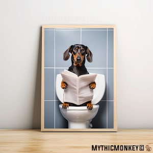 Dachshund Dog Sitting on the Toilet Reading a Newspaper, Funny Bathroom Humor, Wall Decor, Funny Print, Home Printable,AI Digital Prints