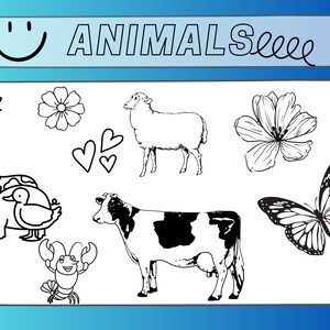 Puede incluir: Dibujo en blanco y negro de una vaca, una oveja, un cerdo, un pato, una mariposa, una flor y estrellas. La imagen está sobre un fondo blanco.