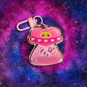 Adorable Abduction Acrylic Keychain { glitter keychain , cow keychain , alien keychain , cow charm , alien charm , ufo gift , x files }