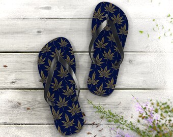 Cannabis Leaf Flip Flops in multiple colors, Beige Leafs on Blue, Marijuana Sandals, Pot Leaf Shoes, Weed Thongs, Stoner Footwear, 420