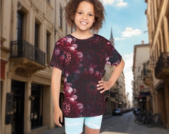 Chrysanthemum Pattern Kids Sports Jersey burgundy red | Floral Athletic Top