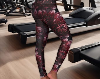 Yoga Leggings, Burgundy Red Chrysanthemum Pattern, Breathable Fabric, Women's Activewear, Fitness Pants, Bottoms, Yoga Pants
