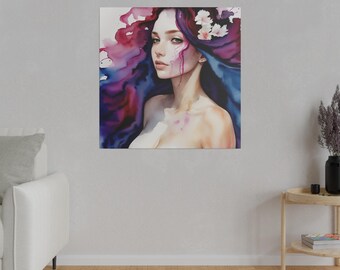 Dramatic Watercolor Portrait of a Beautiful Woman with Green Eyes | Blues, Pinks & Purples | Stretched Matte Canvas Print