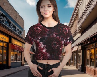 Chrysanthemum Pattern Crop Tee | Burgundy Red Floral Shirt