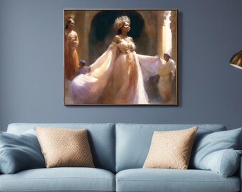 Una reina africana caminando entre sus súbditos / Impresión sobre lienzo mate estirado / Poderoso arte mural cultural