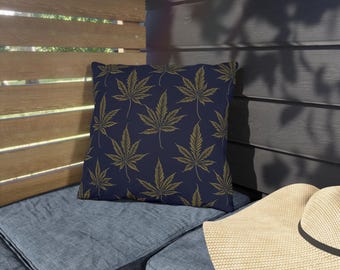 Cannabis Leaf Outdoor Pillows, Beige Leaf Pattern on Blue, Marijuana Cushions, Weed Decorative Throw Pillows, Outdoor Patio Decor