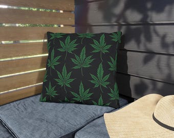 Cannabis Leaf Outdoor Pillows, Green Leaf Pattern on Black, Marijuana Cushions, Weed Decorative Throw Pillows, Outdoor Patio Decor