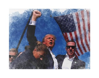 Dramatic Watercolor of Donald Trump Surviving Assassination Attempt - White Background on Stretched Matte Canvas Print