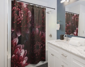 Burgundy & Deep Red Chrysanthemums Shower Curtain | All-Over Floral Luxury Bathroom Decor | 71×74 in