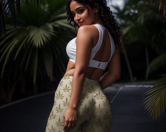 Leggings de yoga con estampado de hojas de cannabis, cintura alta, transpirables, disponibles en varios colores (beige sobre bronceado).